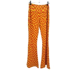 Psychedelic Checkerboard Flare Pants S Orange Yellow Trippy Festival Indie Rave